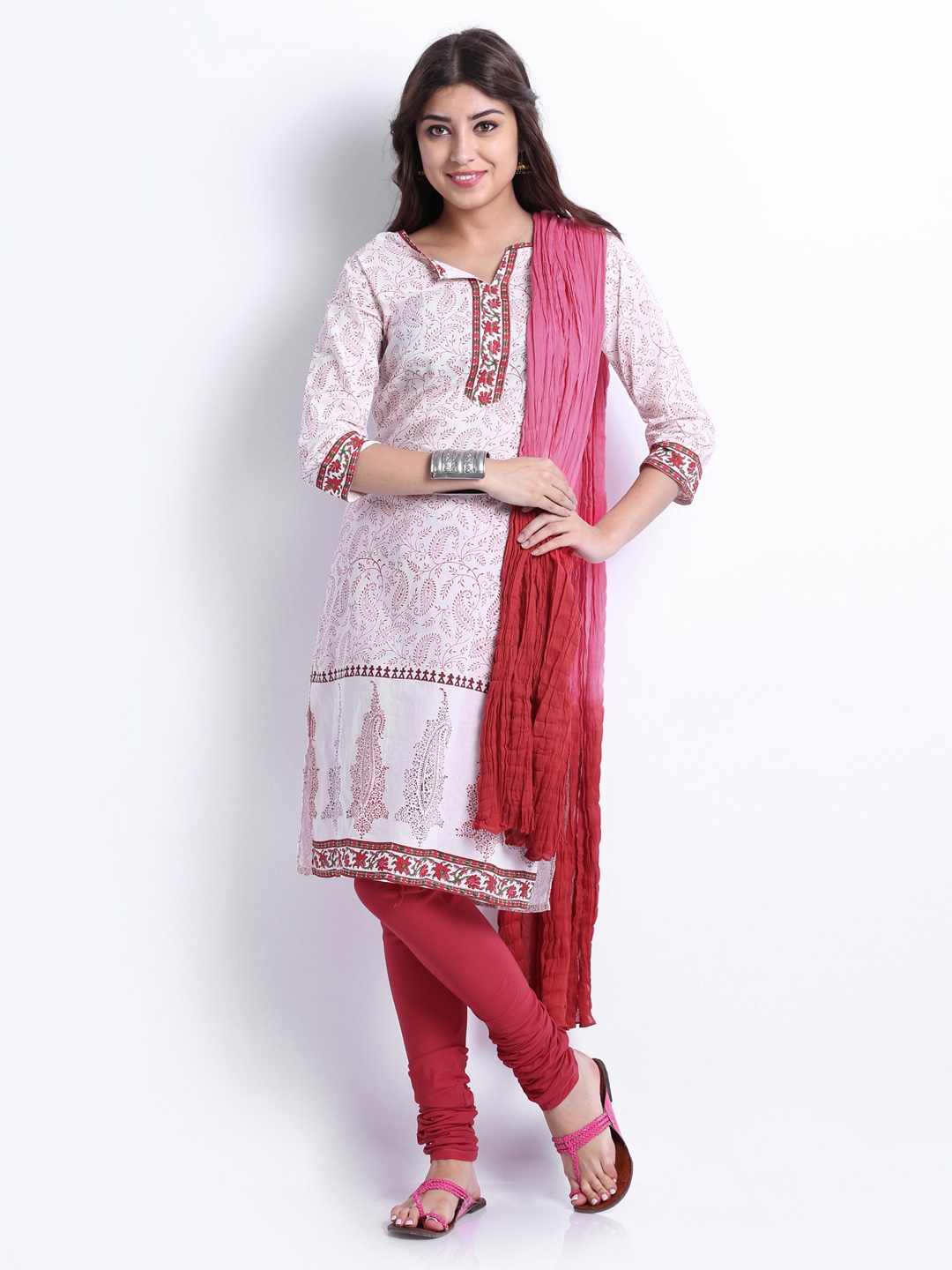 Buy Anouk Women White & Red Printed Churidar Kurta With Dupatta - Kurta ...