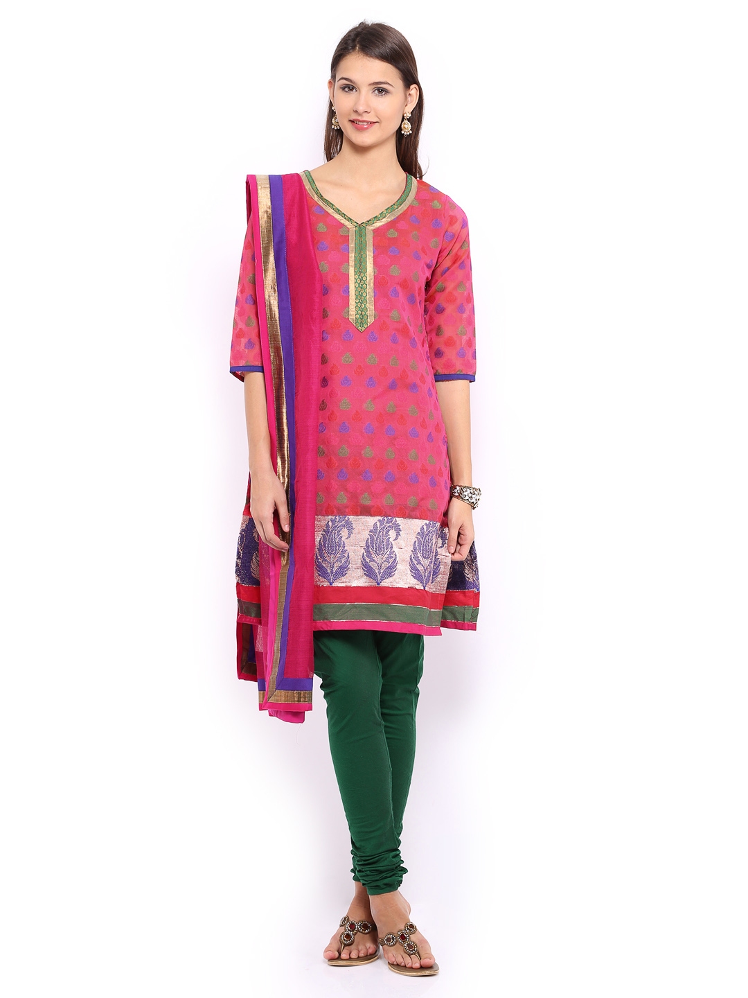 Buy Anouk Women Pink & Green Chanderi Jacquard Churidar Kurta With ...