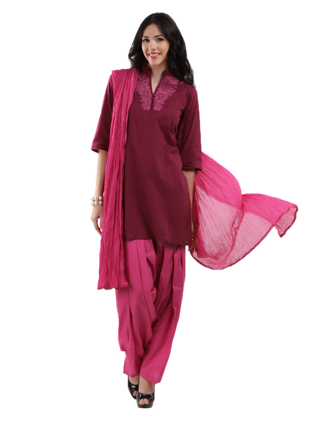 Dahna Pima Satin Fuschia Kurta Set