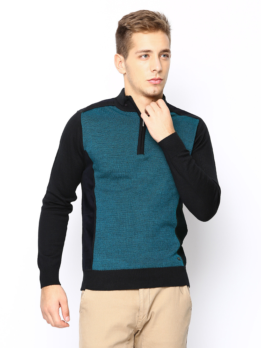 Buy Arrow New York Men Black & Teal Blue Wool Blend Sweater - Sweaters for Men 455166 | Myntra