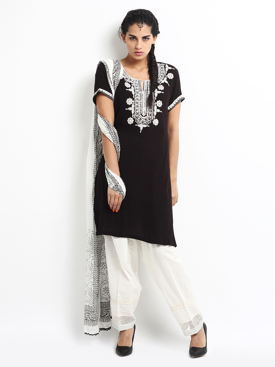 Buy Biba Women Black & Off White Embroidered Salwar Kurta With Dupatta