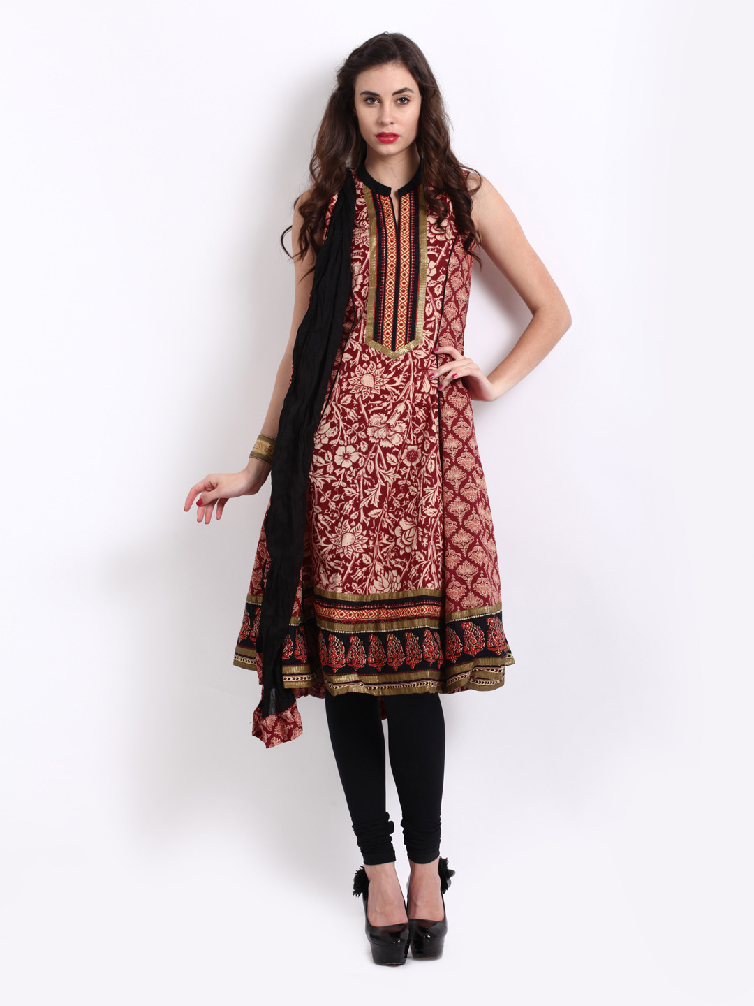 Buy BIBA Women Maroon & Cream Coloured Printed Churidar Kurta Set