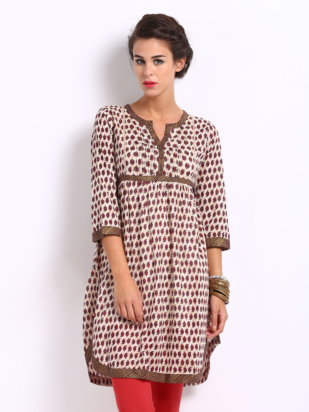 Buy BIBA Women Cream Coloured & Burgundy Printed Kurta Kurtas for