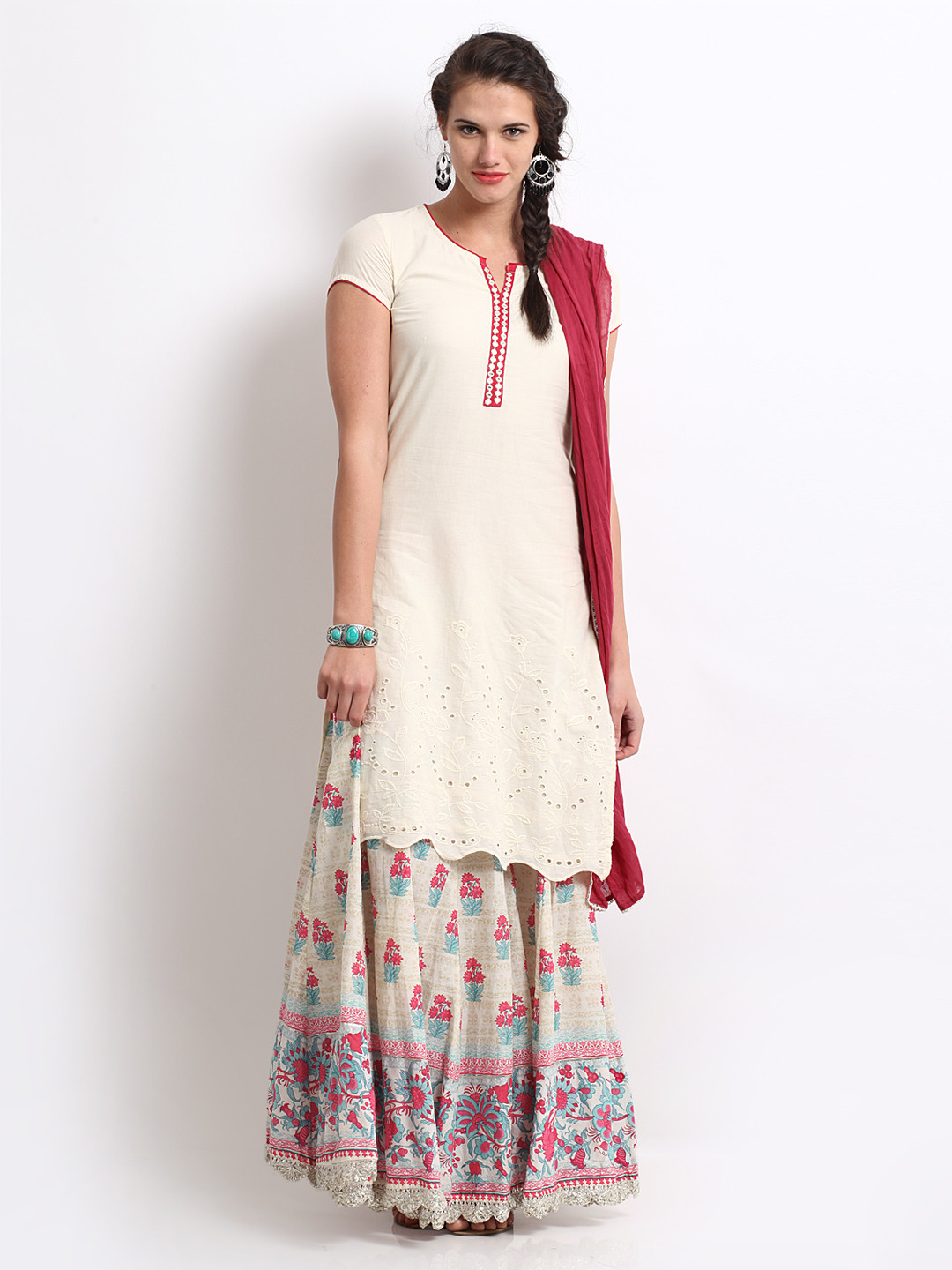 Buy BIBA Women Off White & Pink Skirt & Anarkali Kurta Set Kurta Sets