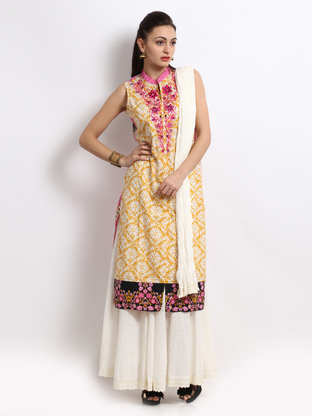 Buy Biba Women Mustard Yellow & Off White Printed Kurta With Skirt