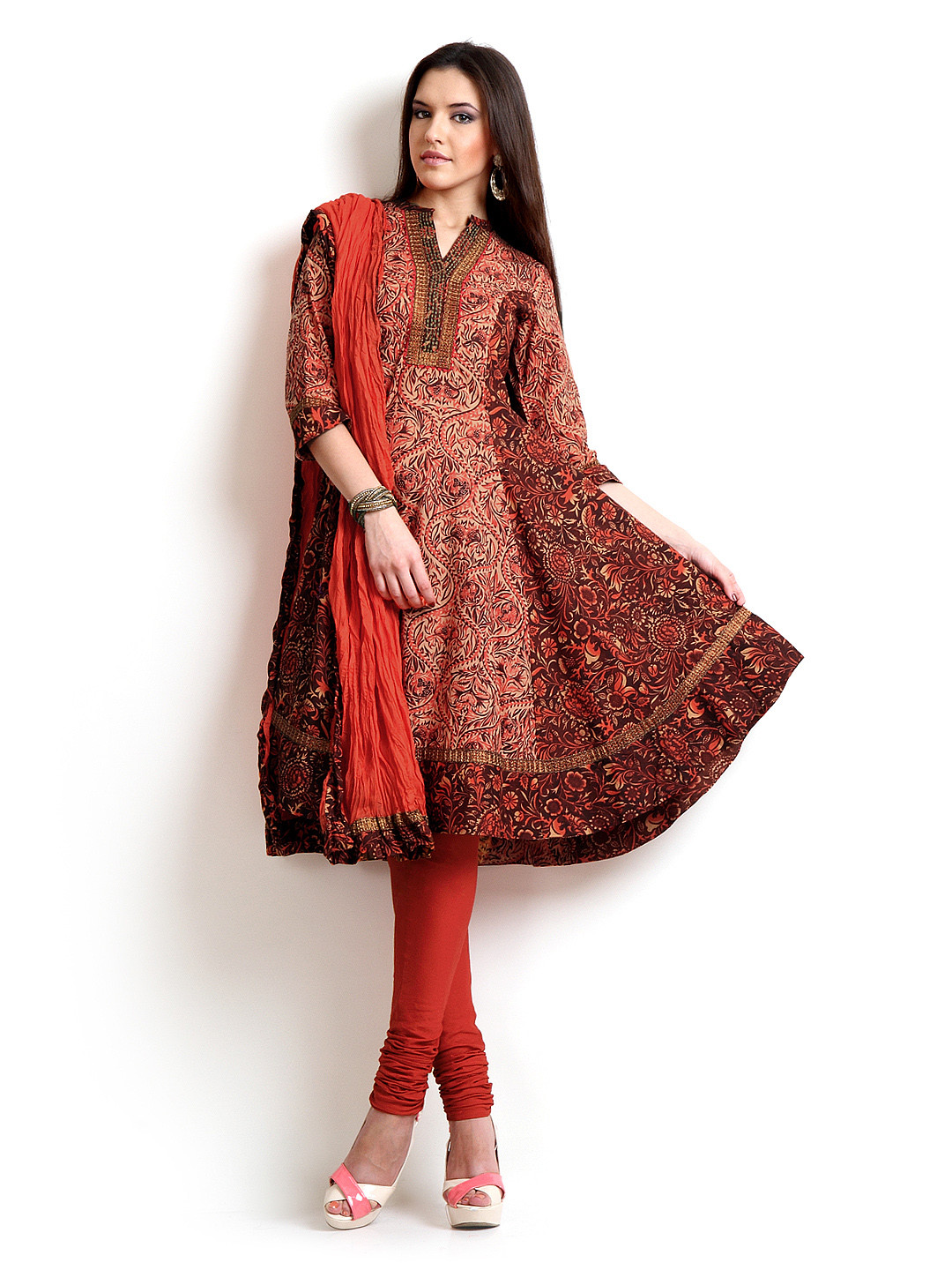 Buy Biba Women Brown & Orange Printed Anarkali Churidar Kurta With
