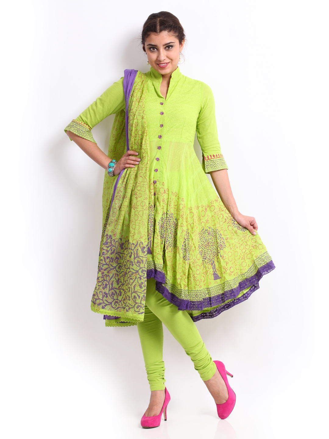 Buy BIBA OUTLET Women Green Churidar Kurta With Dupatta - Kurta Sets ...