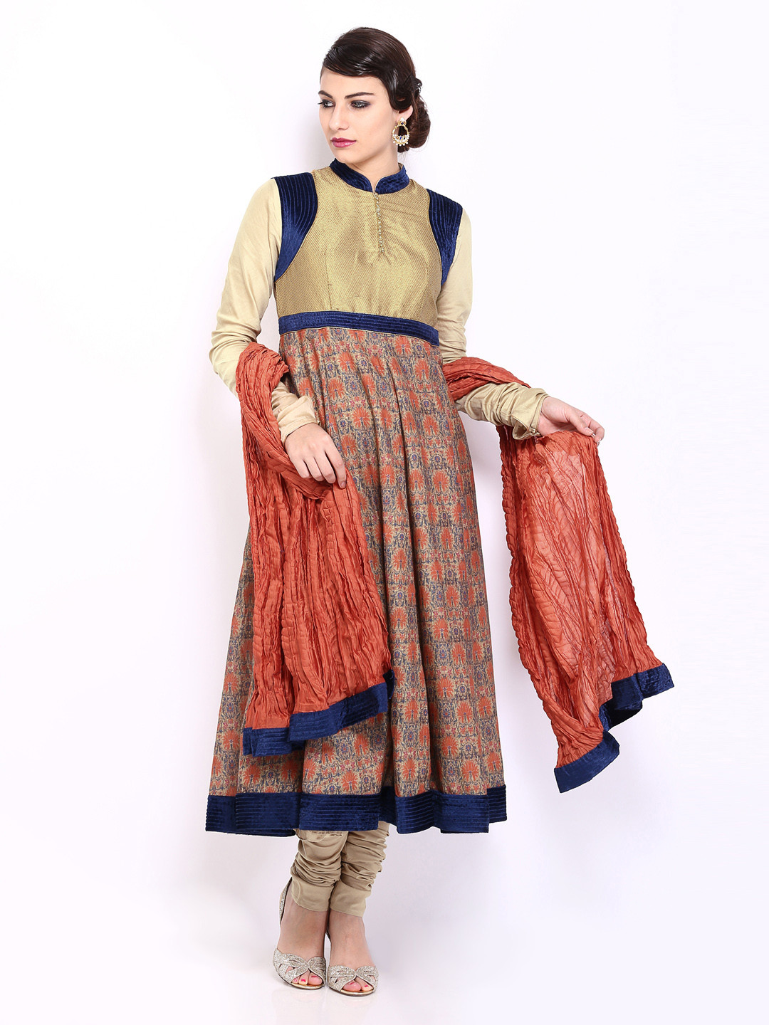 Buy BIBA By Rohit Bal Women Beige & Orange Printed Silk Anarkali