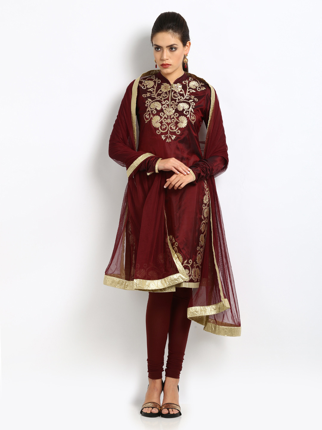 Buy BIBA OUTLET By Rohit Bal Women Maroon Silk Churidar Kurta Set