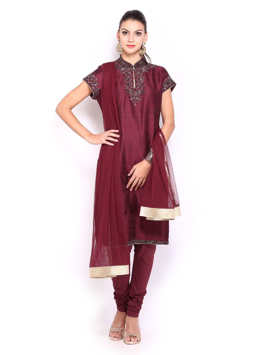 Buy BIBA OUTLET By Rohit Bal Women Maroon Silk Churidar Kurta With
