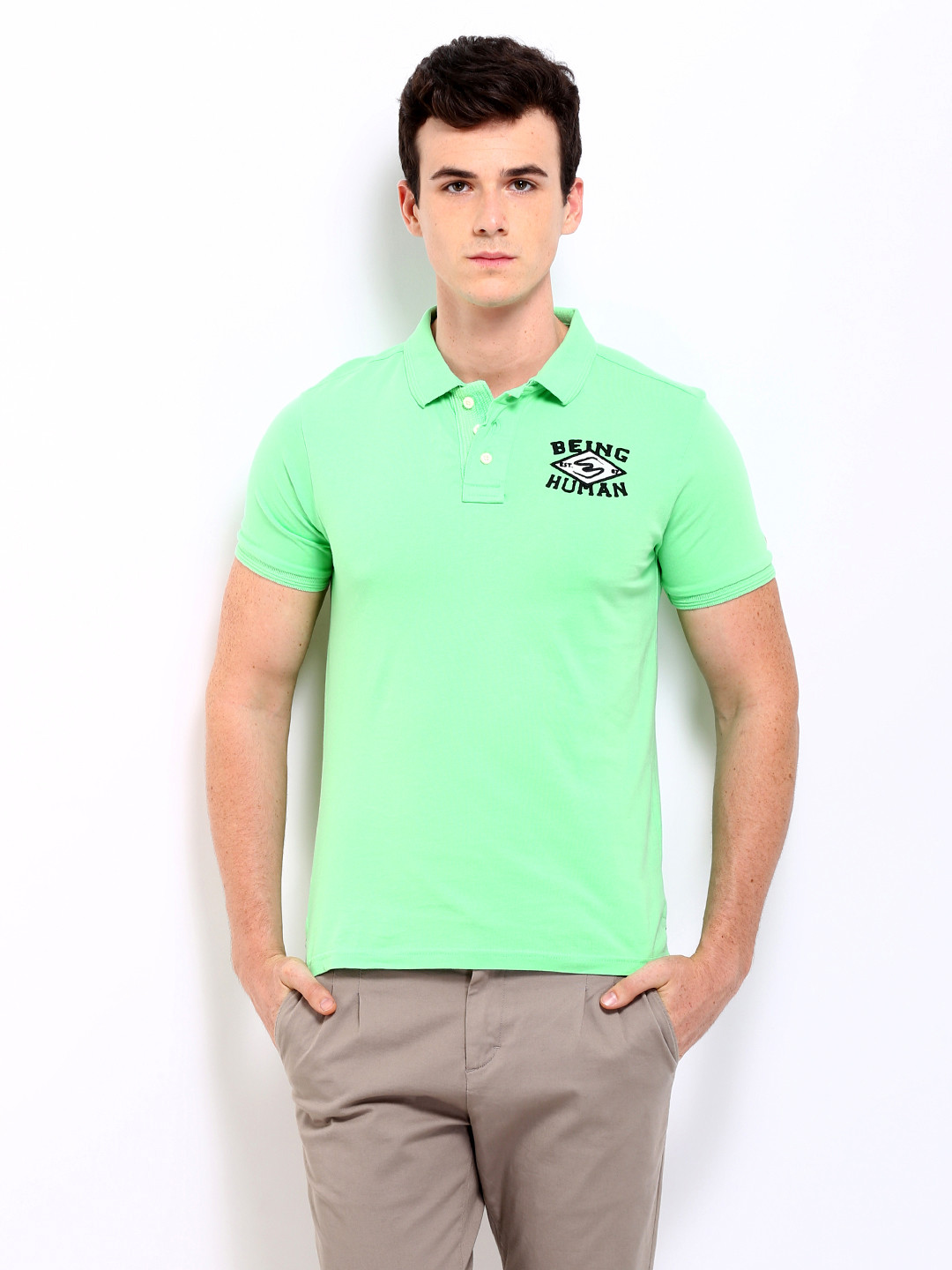 Green Slim Straight Fit Regular Collar Long Sleeves Men's Shirt by Being Human Clothing