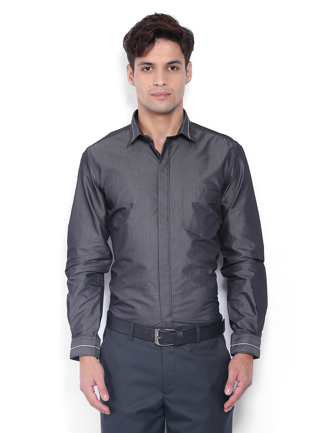 Buy Black Coffee Men Grey Slim Fit Semi Formal Shirt ...