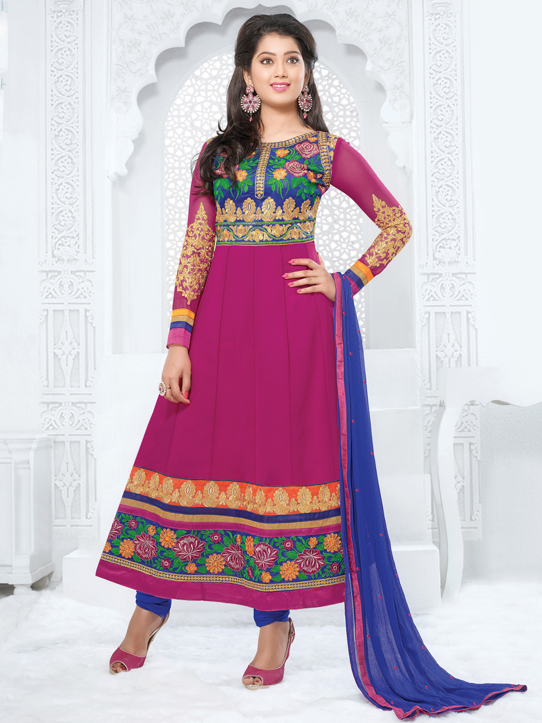 Buy Bridal Pink & Blue Chiffon Anarkali Unstitched Dress Material