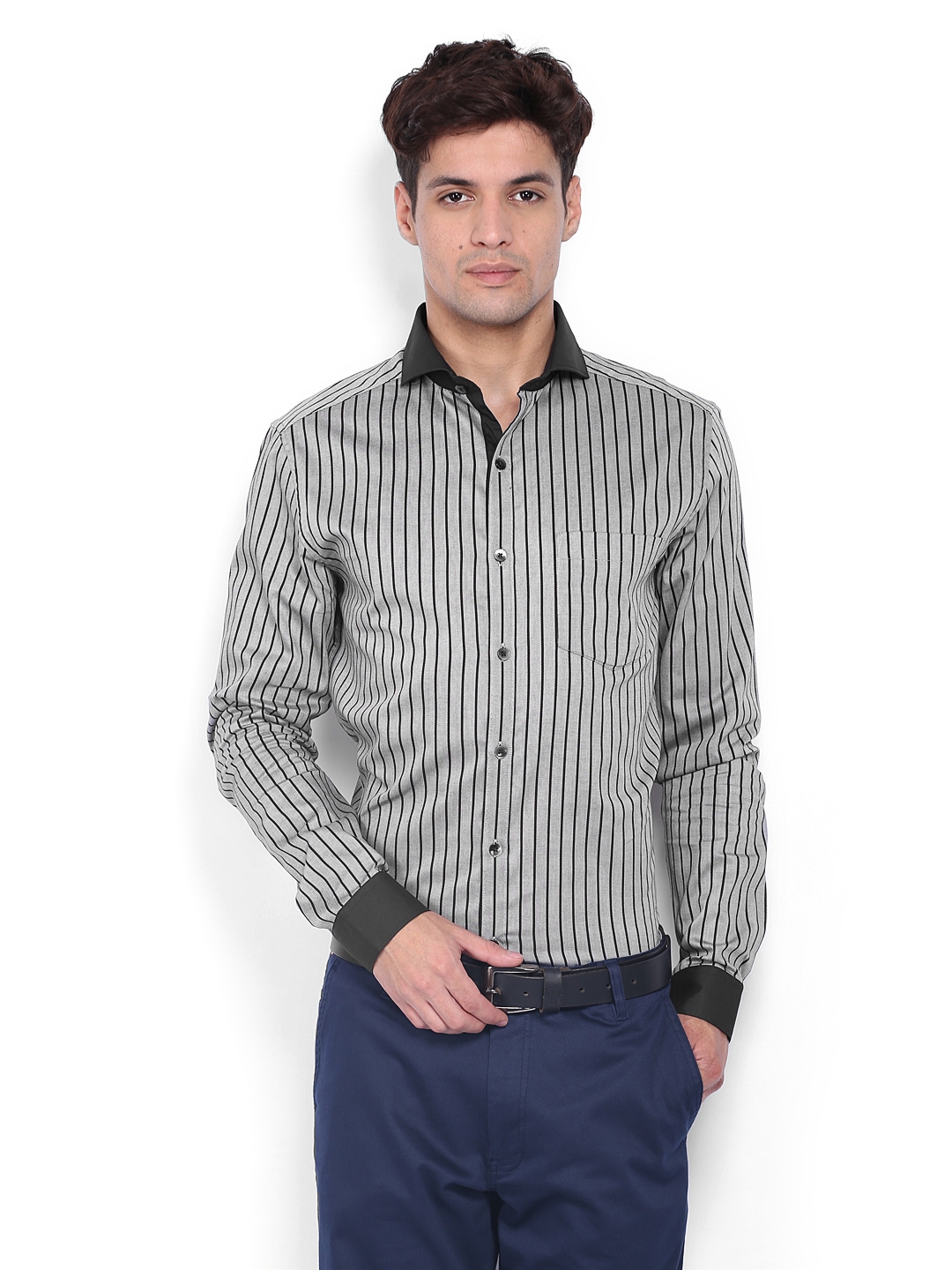 Buy Code Men Grey & Black Striped Slim Fit Formal Shirt - Shirts for ...