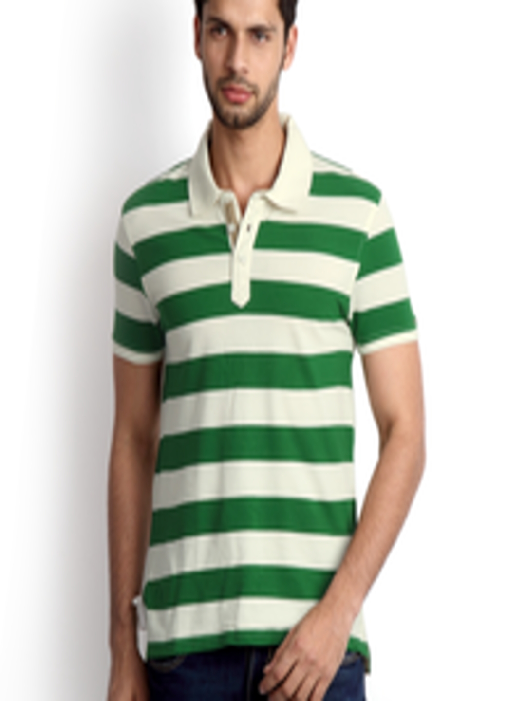 Buy Calvin Klein Jeans Men Off White Green Striped Polo Pure Cotton T ...