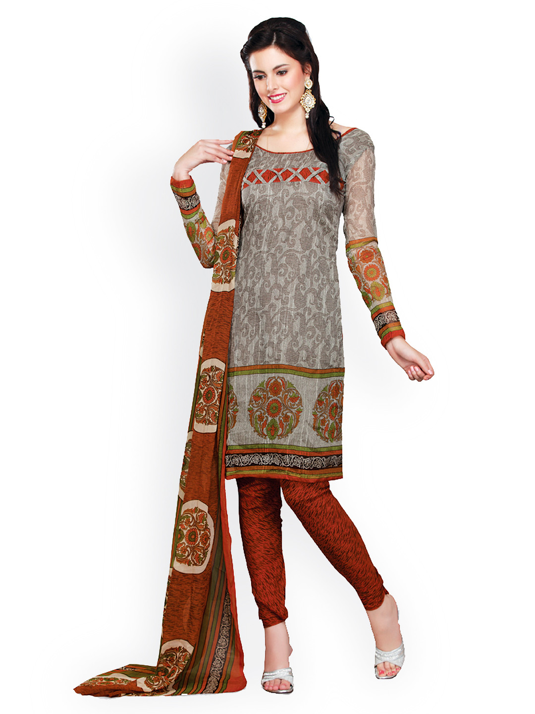Buy Cotton Bazaar Grey & Brown Printed Unstitched Dress Material