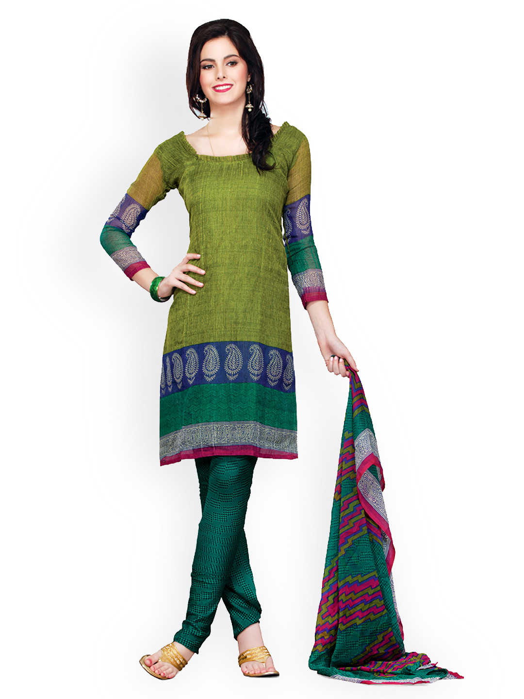 Buy Cotton Bazaar Lime Green Printed Unstitched Dress Material Dress