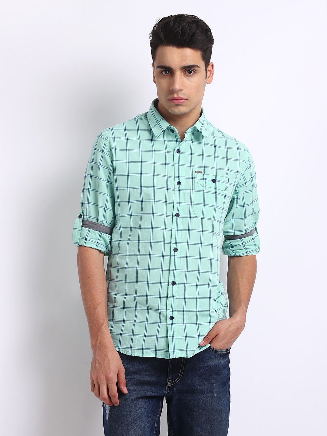 Buy Derby Men Mint Green & Navy Checked Muscle Fit Casual Shirt ...