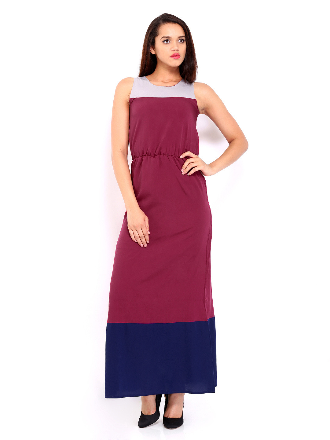 Buy DressBerry Burgundy Panelled Color Block Maxi Berry Dress Dresses