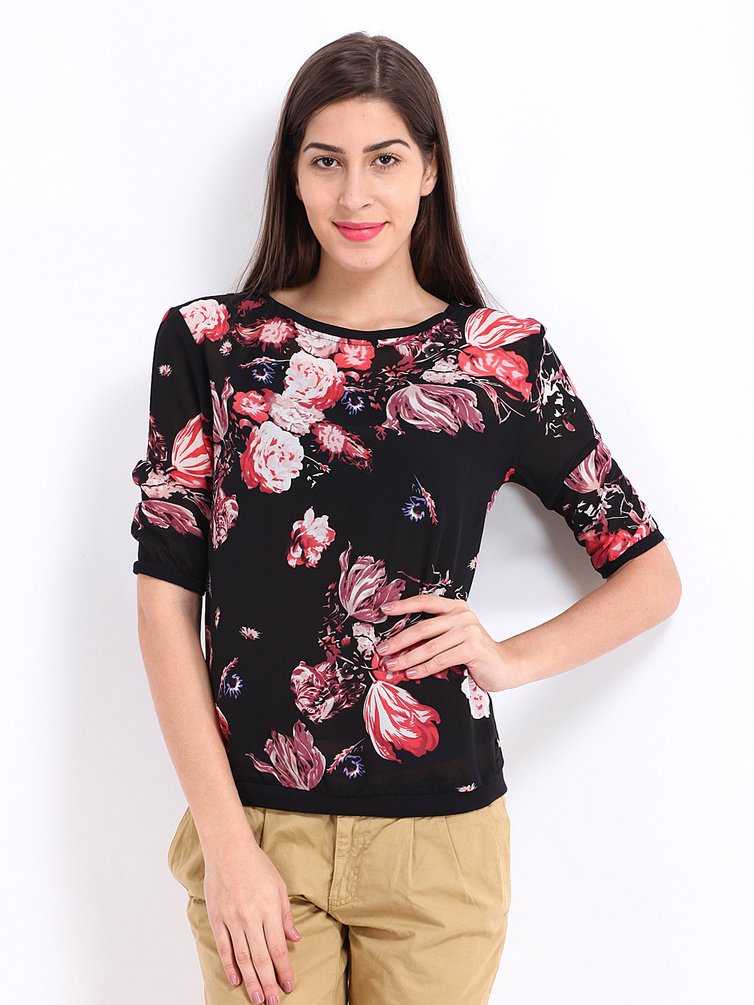 Buy ELLE Women Black Floral Print Semiformal Top Tops for Women 392151 Myntra