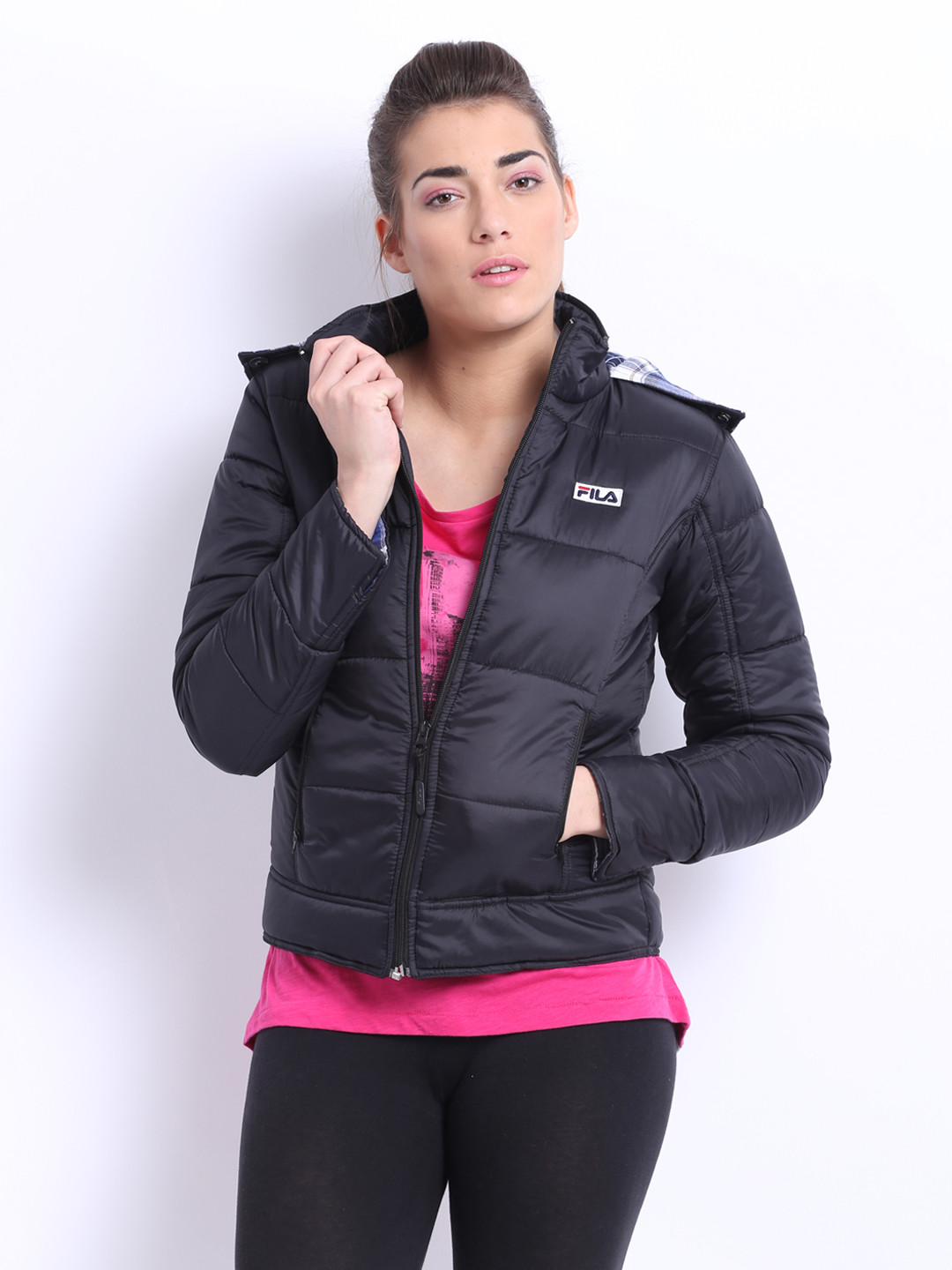 Buy FILA Women Black Checkhood Padded Hooded Jacket Jackets for Women