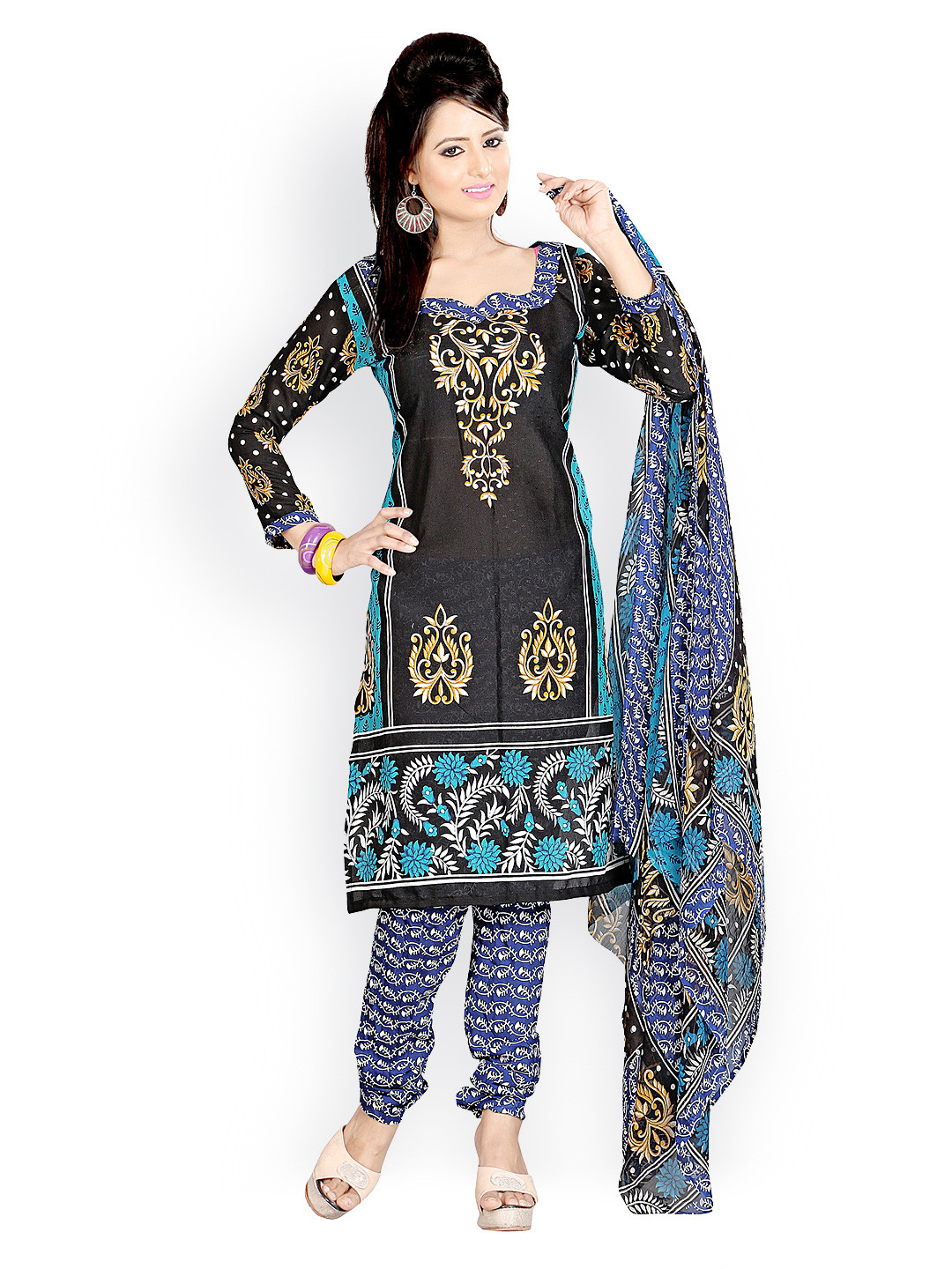 Buy Fabdeal Black And Blue Printed Polycotton Unstitched Dress Material