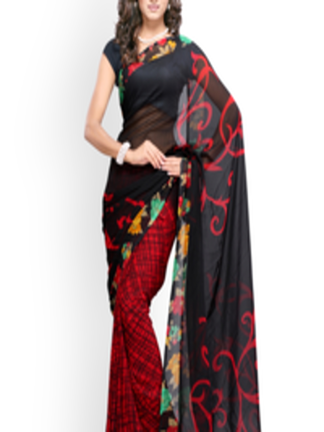 Buy Fabdeal Black & Red Printed Georgette Fashion Saree - Sarees for ...