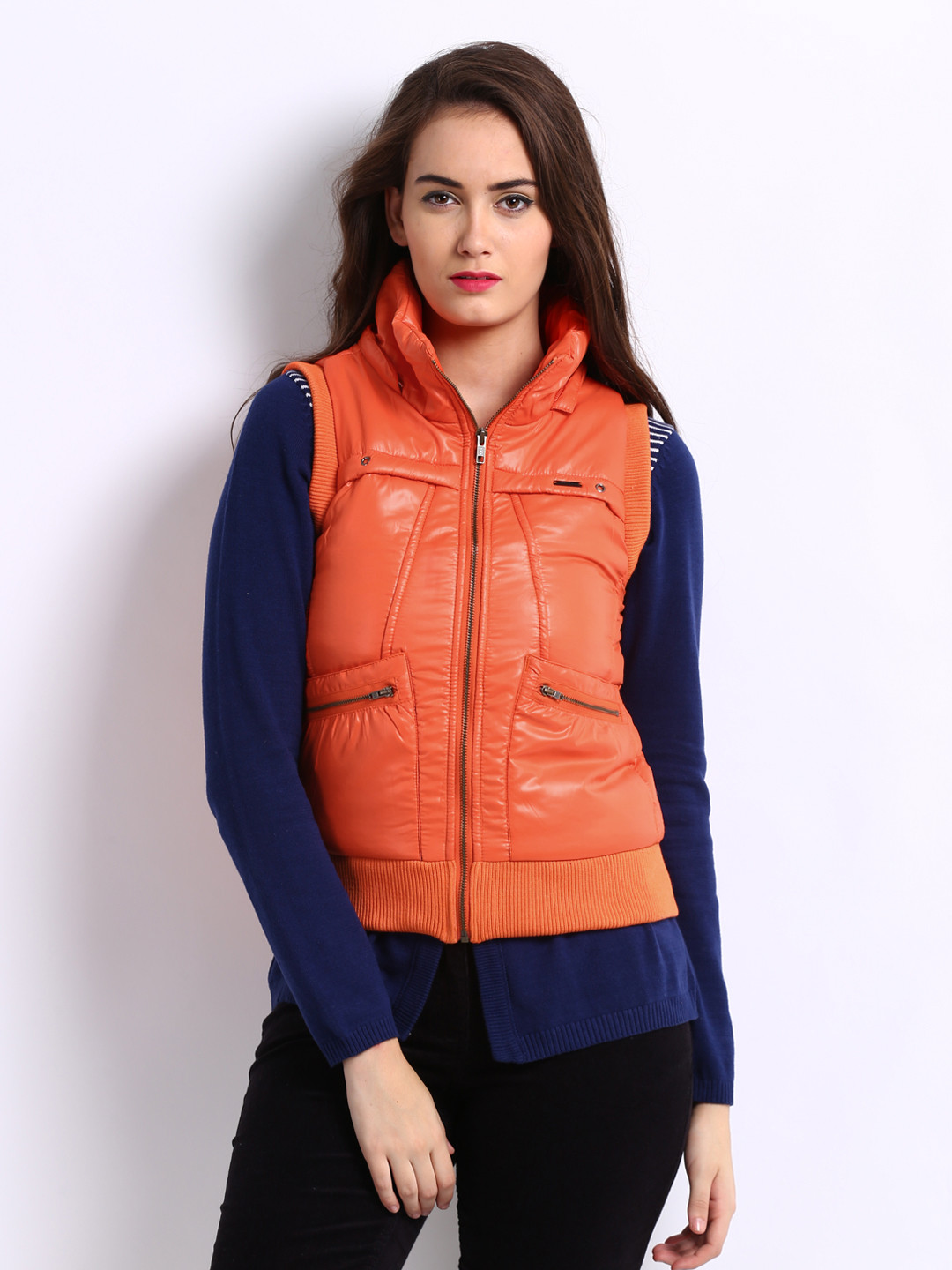 Buy Flying Machine Women Orange Padded Sleeveless Jacket Jackets for