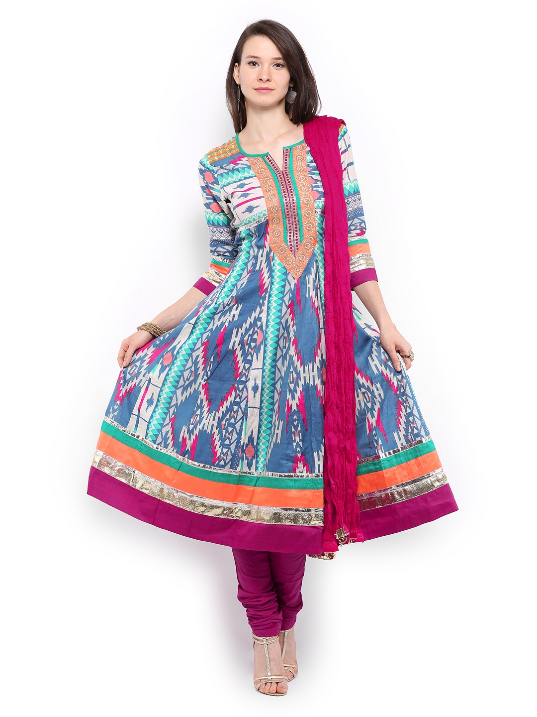 Buy Gili Women Multicoloured Printed Anarkali Churidar Kurta With ...
