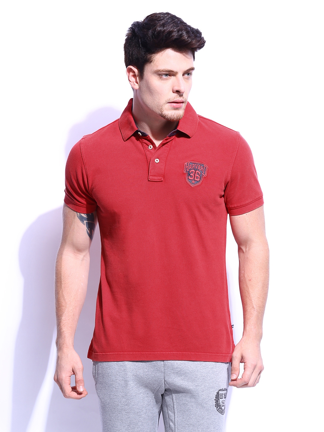 Buy HARVARD Men Red Vintage Acid Washed Slim Fit Polo Pure Cotton T ...