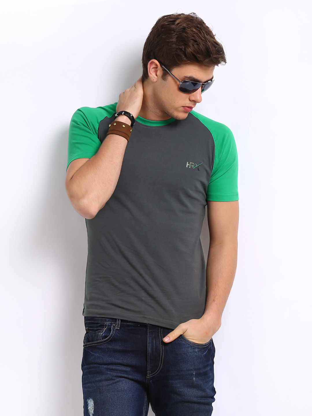 Buy HRX By Hrithik Roshan Men Sports Active Grey & Green Raglan T Shirt