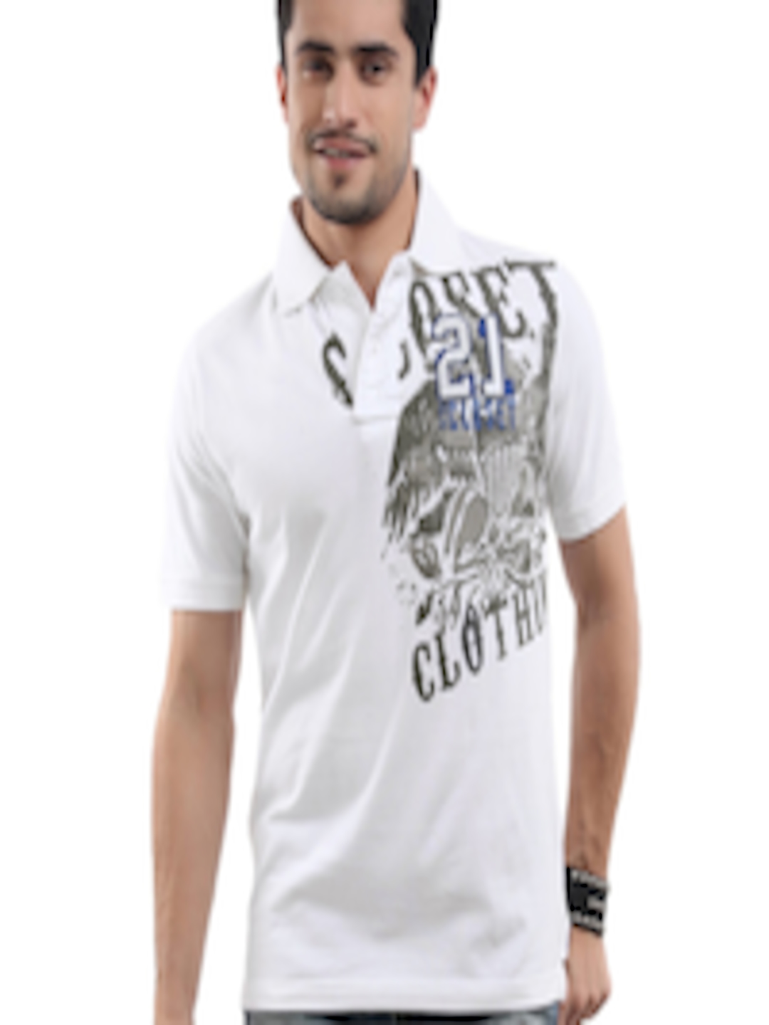 Buy In The Closet Men White Printed Polo Organic Cotton T Shirt ...