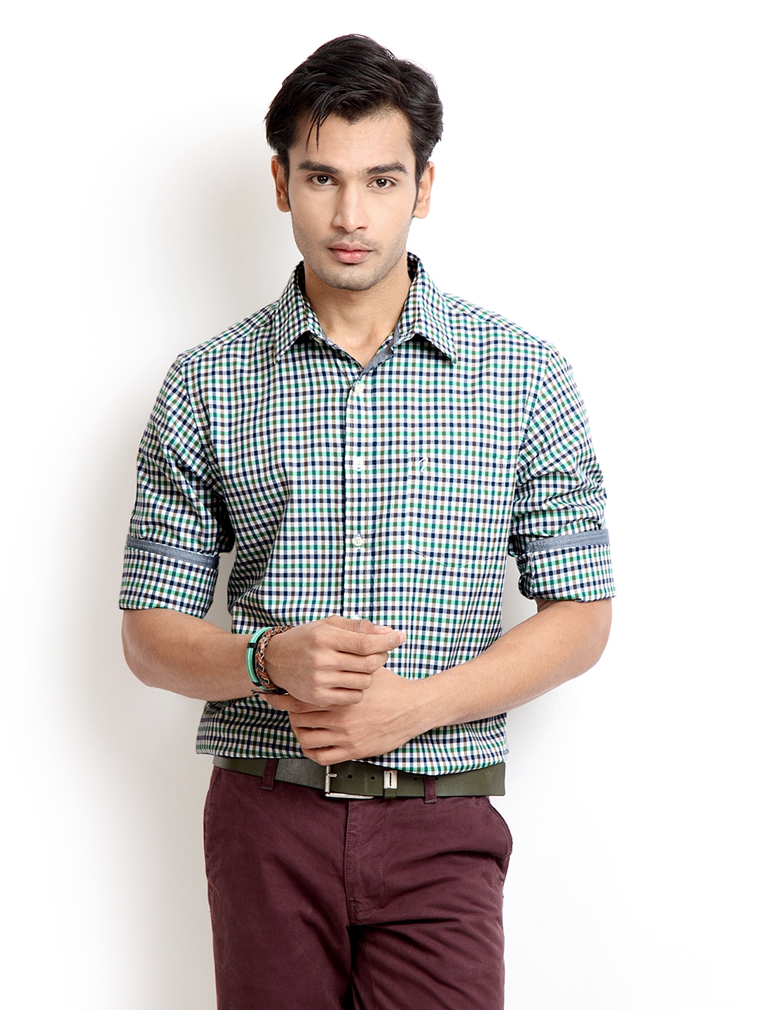 Buy Indian Terrain Men Green White Checked Slim Fit Casual Shirt buy-indian-terrain-men-green-white-checked-slim-fit-casual-shirt