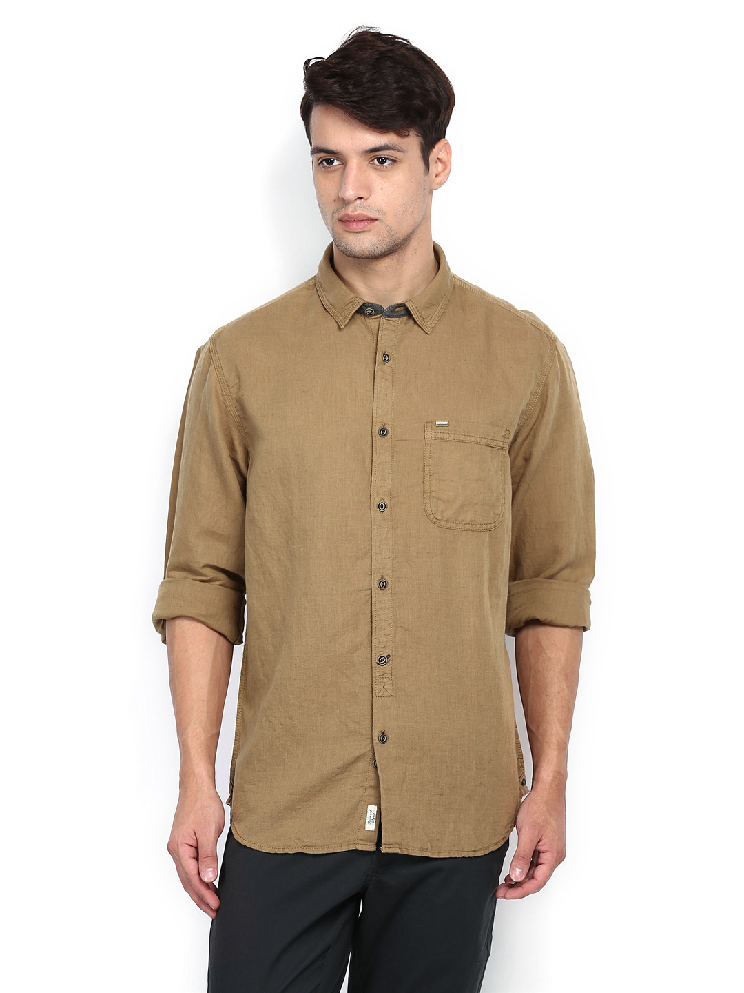 Buy Indian Terrain Men Khaki Linen Blend Slim Fit Casual Shirt Shirts