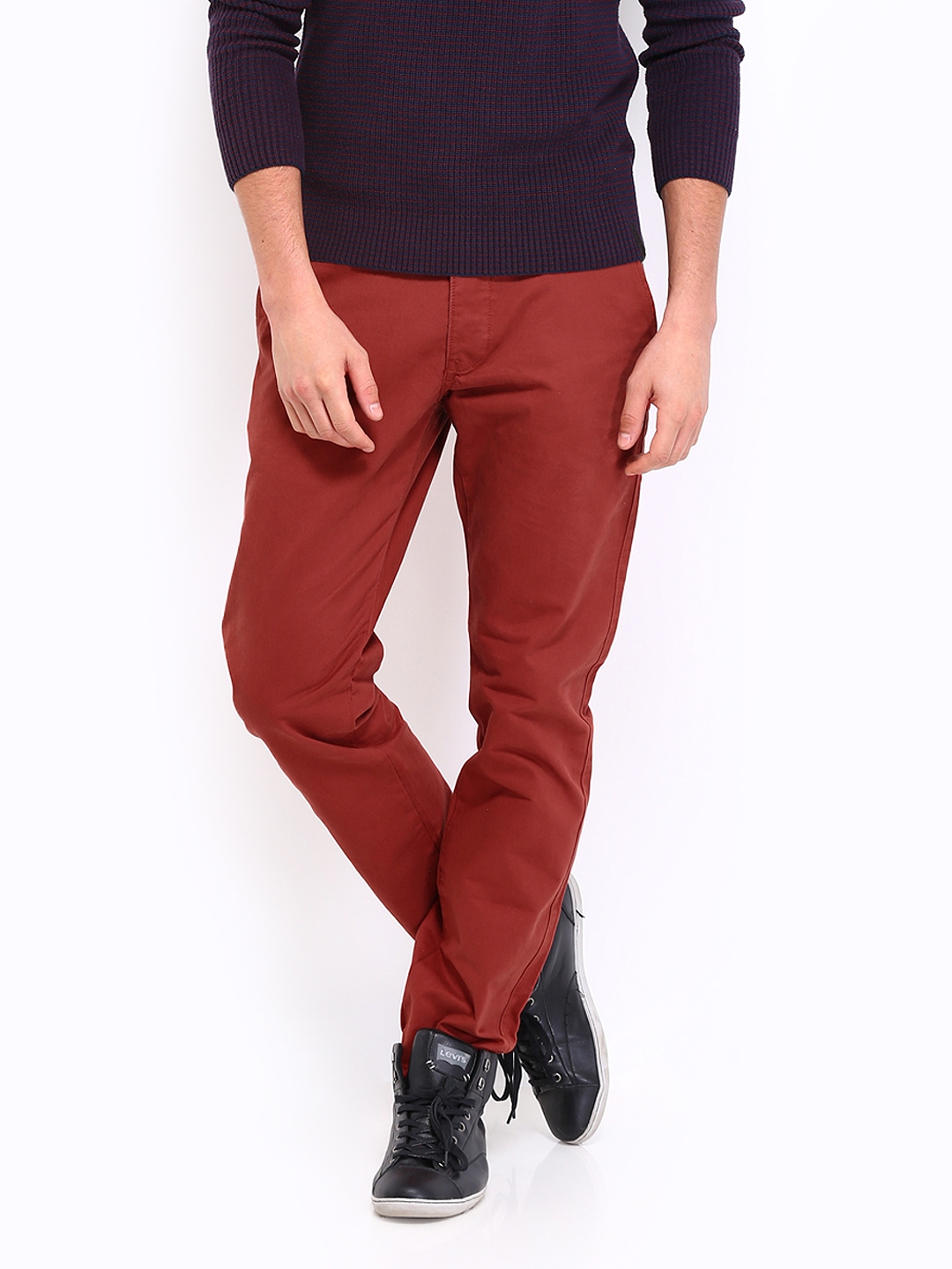 brick red trousers