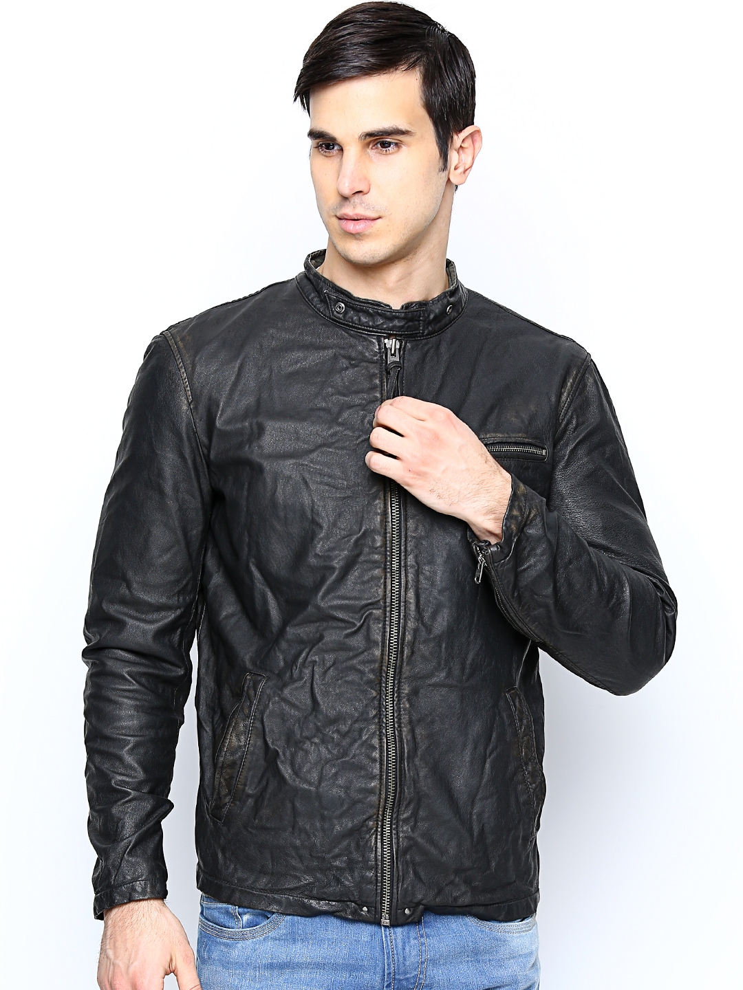 Buy Jack And Jones Men Black Leather Jacket Jackets For Men 525520 Myntra 