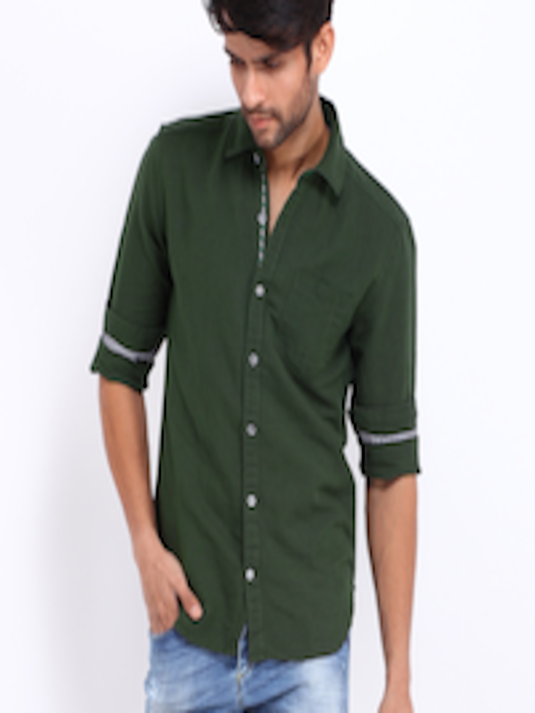 Buy Locomotive Men Dark Green Linen Blend Slim Fit Casual Shirt ...