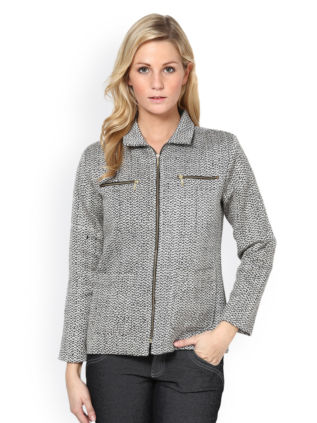 Buy Martini Women Black & White Woollen Jacket Jackets for Women