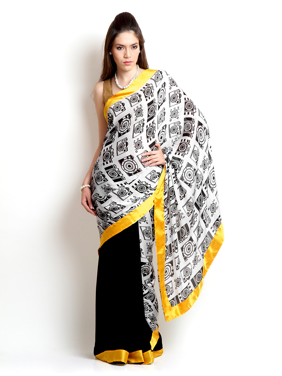 Buy Mysilk Yellow & Black Printed Chiffon Fashion Saree Sarees for