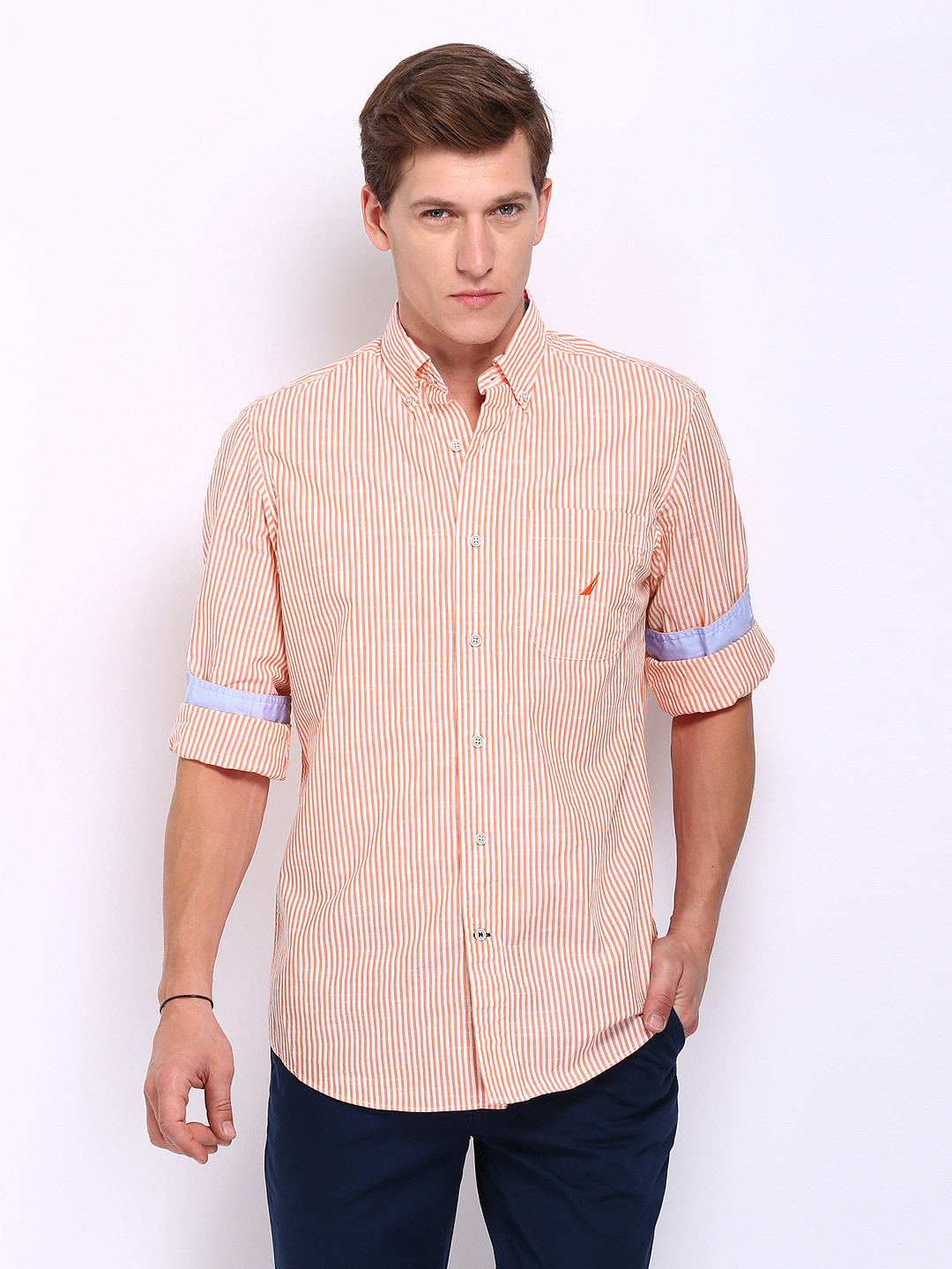 Buy Nautica Men Orange Striped Classic Fit Casual Shirt Shirts for