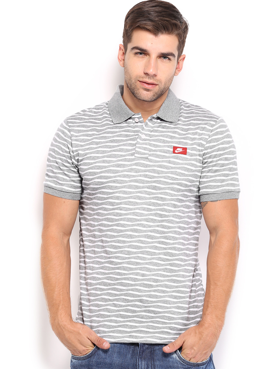 Grey Striped Polo T-Shirt