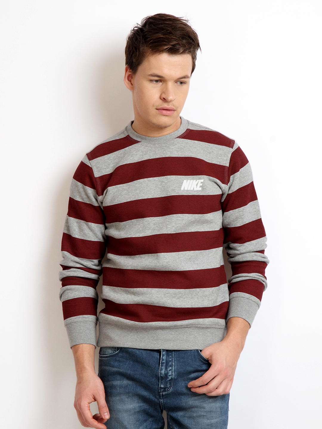 Download Buy Nike Men Grey Melange & Red Striped Sweatshirt ...