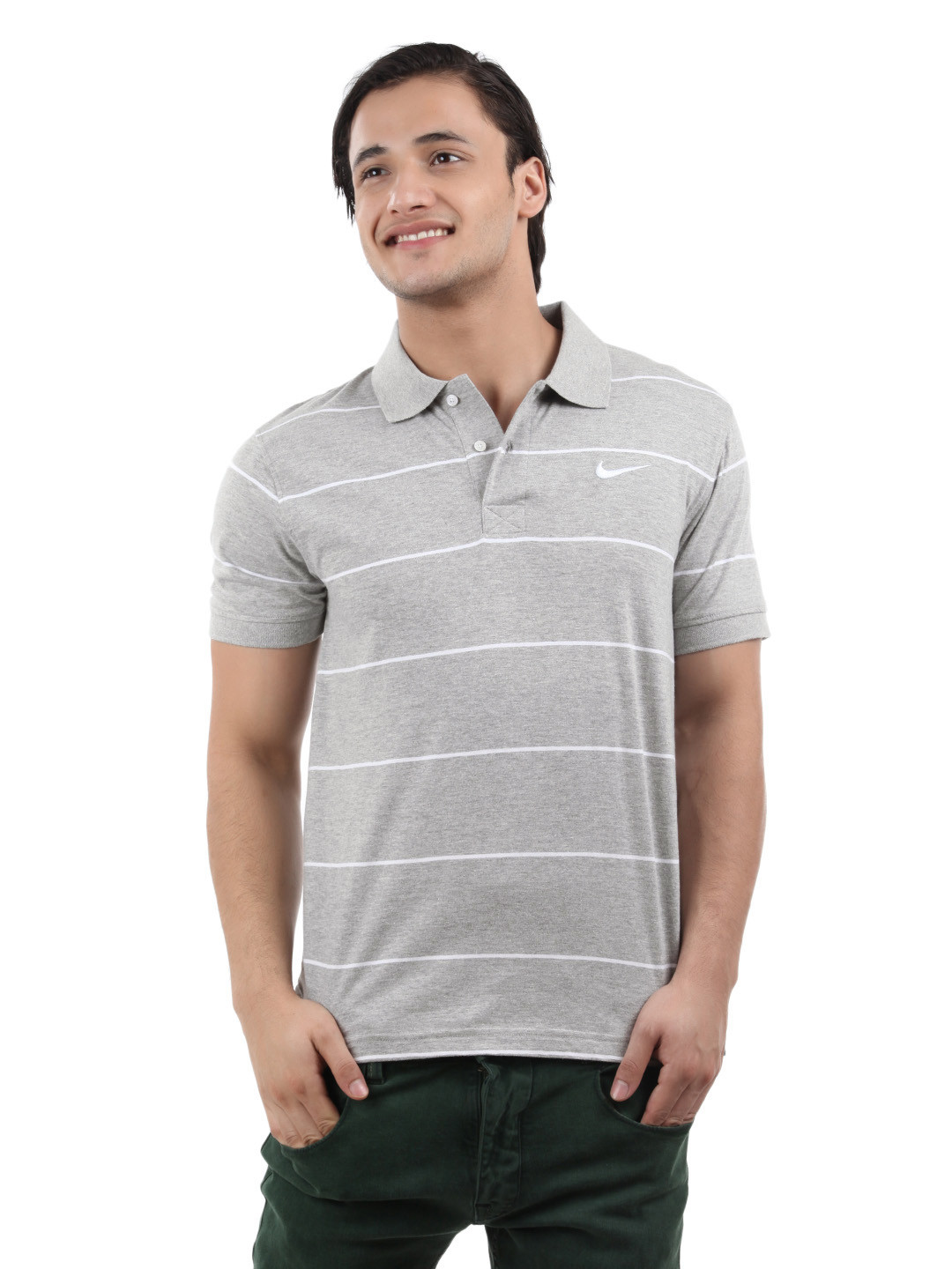 Buy Nike Men Grey And White Striped Polo Pure Cotton T Shirt Tshirts