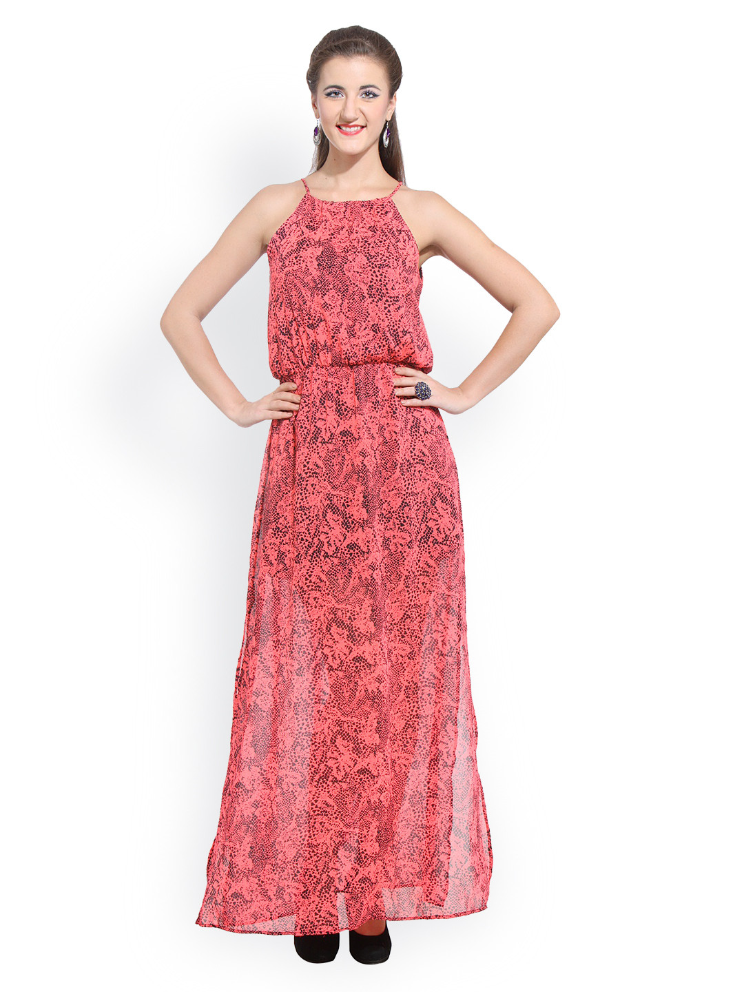 Buy PURYS Coral Pink Printed Maxi Dress Dresses for Women 575954 Myntra
