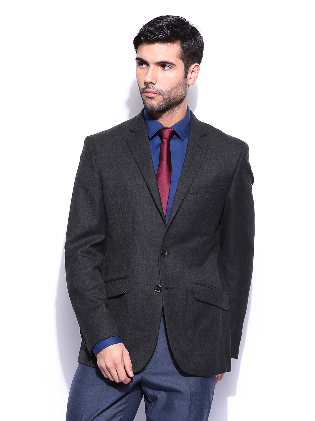 Buy Park Avenue Men Charcoal Grey Super Slim Fit Wool Blend Blazer ...