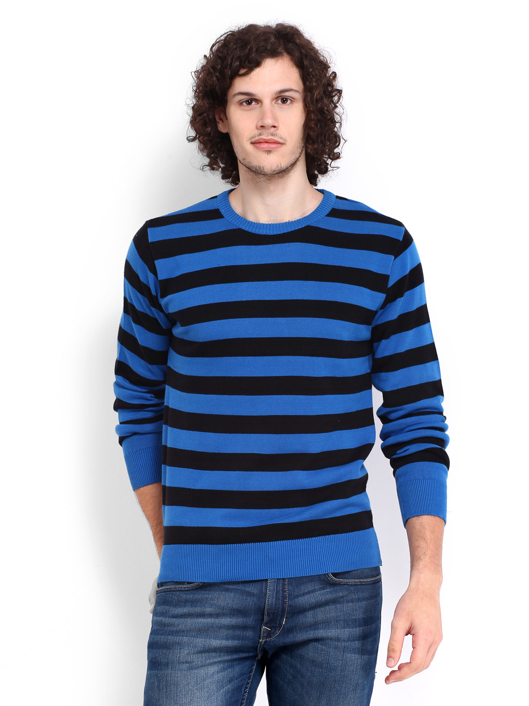 Buy People Men Blue & Black Striped Sweater Sweaters for Men 424700