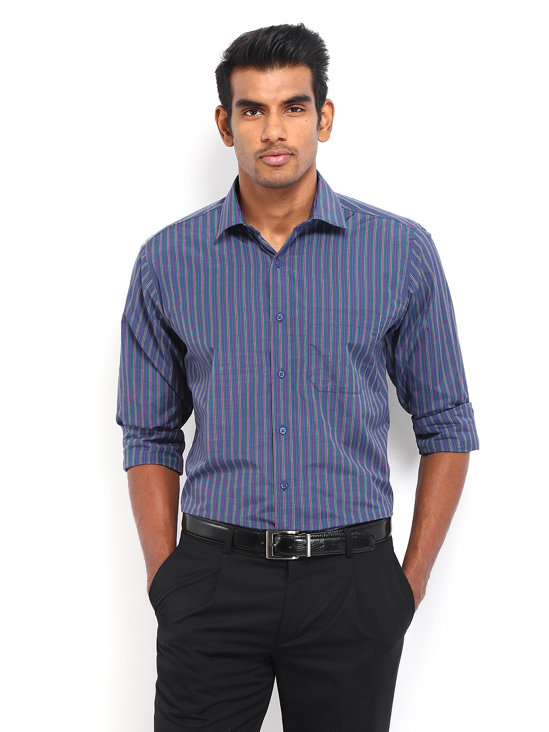 Buy Peter England Men Blue & Brown Striped Nuvo Slim Fit Formal Shirt