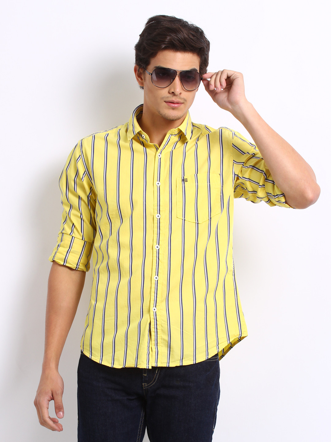 Buy Peter England Men Yellow & Blue Striped Slim Fit Casual Shirt