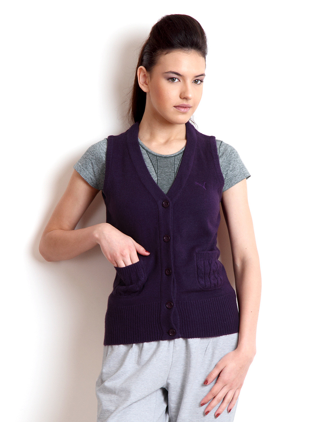 Buy Puma Women Purple Knit Sleeveless Cardigan - Sweaters for Women 154971 | Myntra
