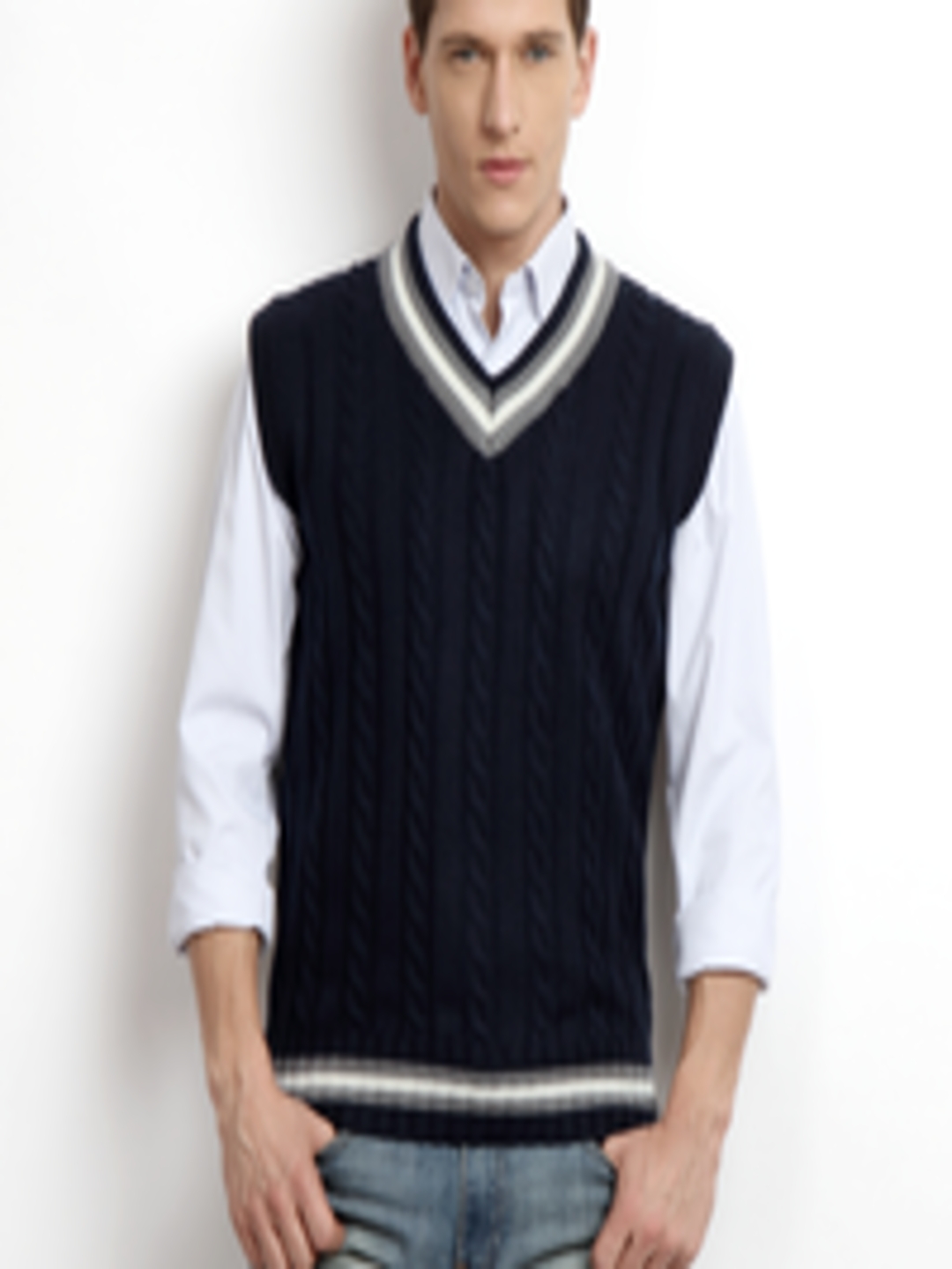 Buy Reebok Men Navy Knit Sleeveless Sweater - Sweaters for Men 204469 ...
